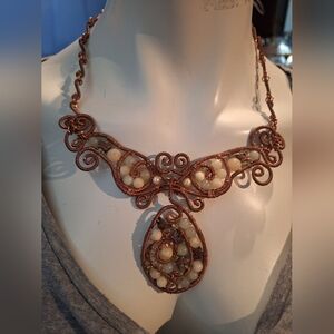 Alabaster Stone Copper Necklace With Real Pearls And Beaded  Butterflies